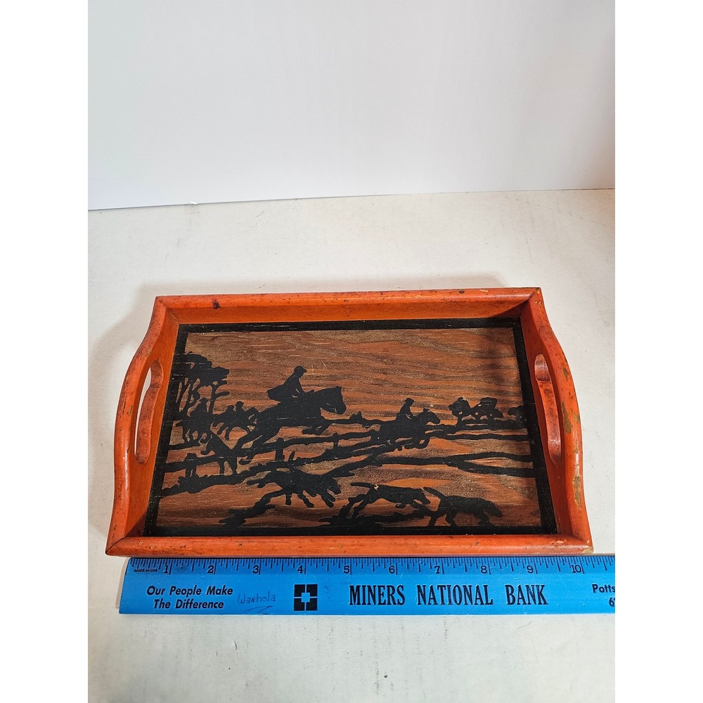 Vintage Wood Fox Hunt Serving Tray Equestrian Horse Silhouette Orange Frame